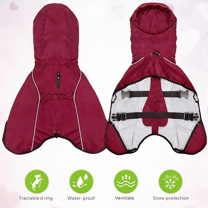 Mosucoirl Dog Raincoat Jacket Reflective Adjustable Hooded Pet Poncho Rain Coats with Leash Hole Waterproof Clothes for Small Medium Large Dogs (Red, M)
