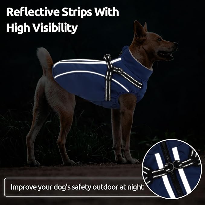 Dog Winter Coat with Harness Built in Warm Puffer Dog Jackets for Small Medium Large Dogs Windproof Waterproof Outfit with Plush Lining and Reflective Stripes (Blue, 3XL)