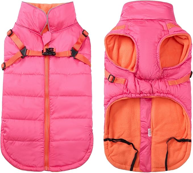 Geyecete Winter Warm Coat Waterproof Dog Winter Jacket with Harness Traction Belt,Windproof Pet Outdoor Jacket Dog Autumn-Pink-S