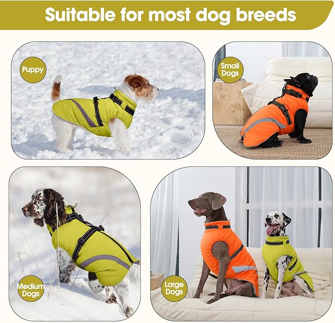 BRKURLEG Dog Winter Jackets for Large Dogs, Dog Coat with Harness Built in, Dogs Snowsuits with Zipper, Waterproof Windproof Pet Puffer Jacket Fleece Vest for Labrador, German Shepherd, Green XXXL