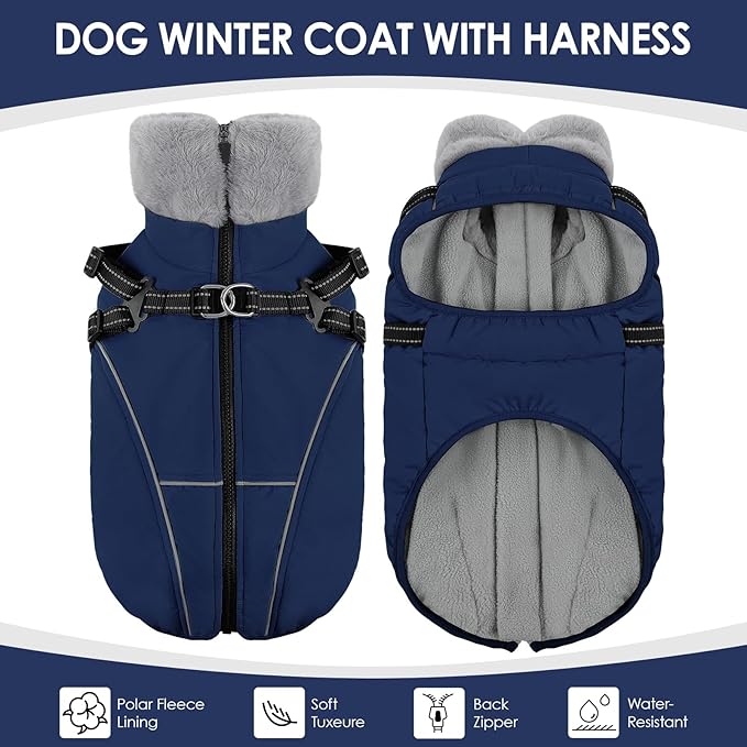 AOFITEE Dog Coat, Waterproof Dog Jacket with Harness Built in, Dogs Coats for Lage Dogs, Warm Fleece Zipped Pet Puffer Jacket, Outdoor Cold Weather Coats Pet Snowsuit for French Bulldog, Blue L