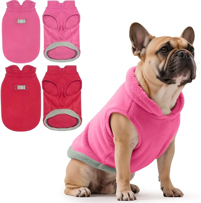 Idepet 2 Pack Dog Fleece Vest Sweater Warm Pullover Jacket with D-Ring Leash Reflective Winter Coat Hoodie for Puppy Cat French Bulldog Pug Chihuahuas Yorkies Dachshunds (Red&Rose Red,Small)