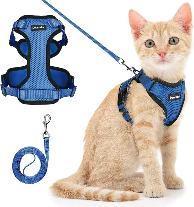 Dooradar Cat Harness and Leash Set, Escape Proof Safe Adjustable Kitten Vest Harnesses for Walking, Easy Control Soft Breathable Mesh Jacket with Reflective Strips for Cats, Blue, M
