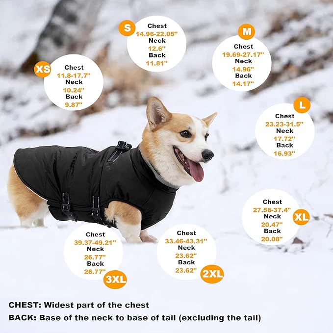 Large Dog Coat with Harness Built-in, Waterproof Reflective Fleece Lined - Warm Windproof Winter Jacket with Back Zipper, Cold Weather Snow Dog Coats - Black - 2XL