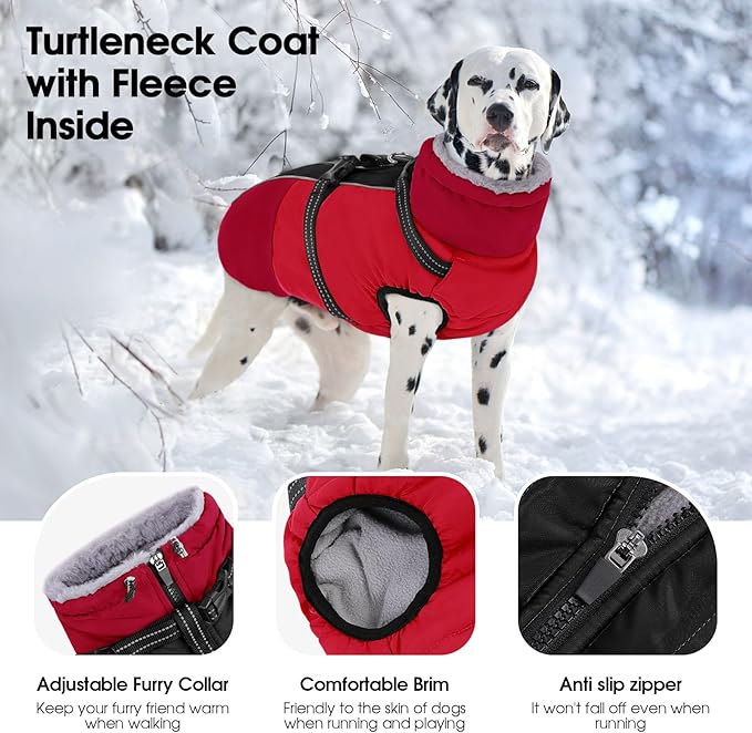 SUNFURA Dog Coat, Dog Jacket for Large Dogs with Harness Built in, Warm Pet Winter Coat Zip Up Snow Jacket with Furry Collar for Boston Terrier, French Bulldogs, Red L