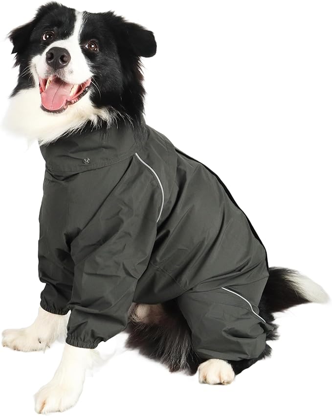 Dog Raincoat for Medium Large Dogs,rain Jacket Coat, Full Leg Coverage Waterproof Rain Suit with Detachable Hood & Tail, Reflective Strips, Snag-Free Top Zipper (Green for Boy, Large)