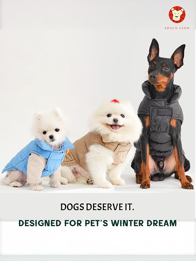 SPACE LION Dog Puffer Jacket, Down Winter Coat, Durable Outdoor Coat for Cold and Windy Conditions, Waterproof, Lightweight Jacket, Adjustable Fit for Small, Medium, Large Dogs(Black,12/M)