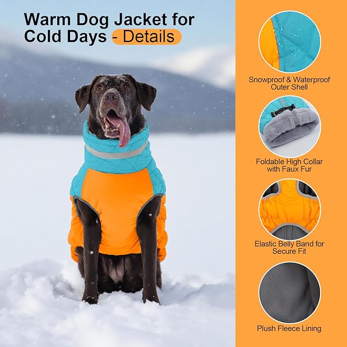 Warm Dog Jackets for Large Dogs, Waterproof Dog Coat with Harness Built in, Zipper Clousure, Fleece Lining for Cold Weather Outdoor Walks, Pet Snowsuit for Shiba Inu, French Bulldog - L