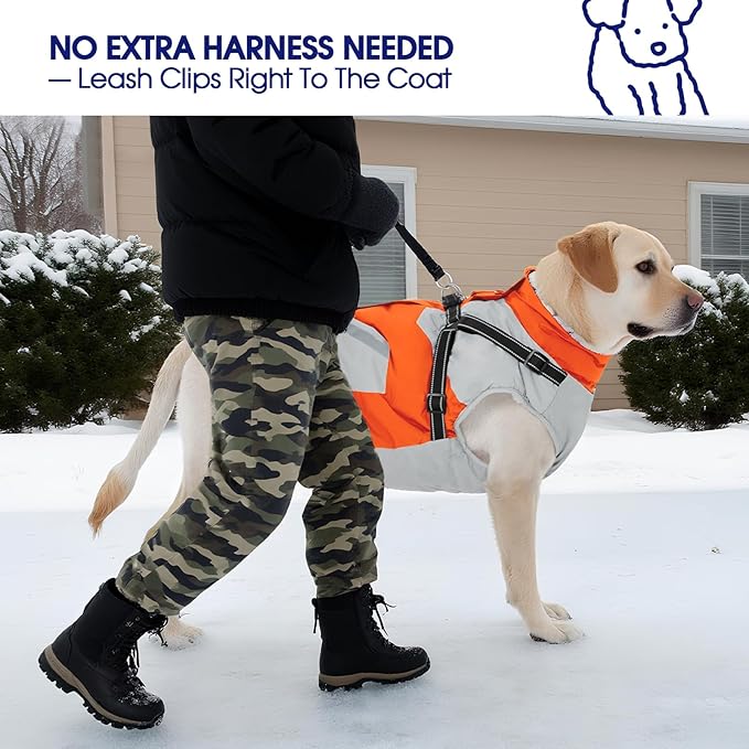 FUAMEY Dog Winter Jackets for Large Dogs,Dog Coat with Harness Built in,Waterproof Dogs Snowsuits Warm Pet Jacket Zip Up Fleece Cold Weather Coats Reflective Puppy Vest with Pocket Orange XL
