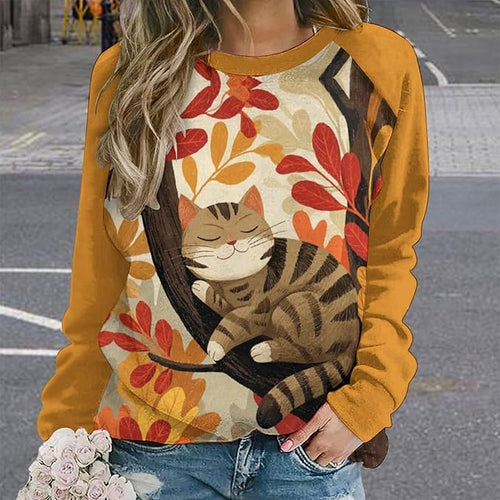 Abstract Cute Cat Shirts for Women Long Sleeve Lady Crewneck Pullover Sweatshirt Fall Winter Oversized Tops
