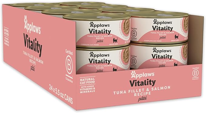 Applaws Vitality Wet Cat Food Paté, Natural Cat Food with Added Vitamins & Minerals, Grain-Free, Carrageenan Free, Tuna Fillet and Salmon Recipe (24 Count, 5.5oz Cans)
