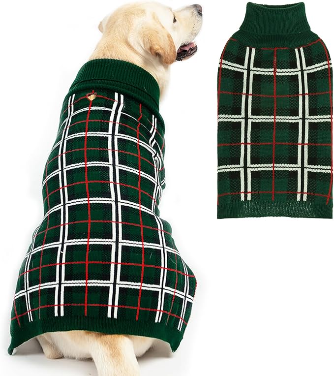 PUPTECK Dog Sweaters for Large Medium Small Dogs - Fall Classic Plaid Style Puppy Holiday Winter Coat Clothes Warm, Green, L
