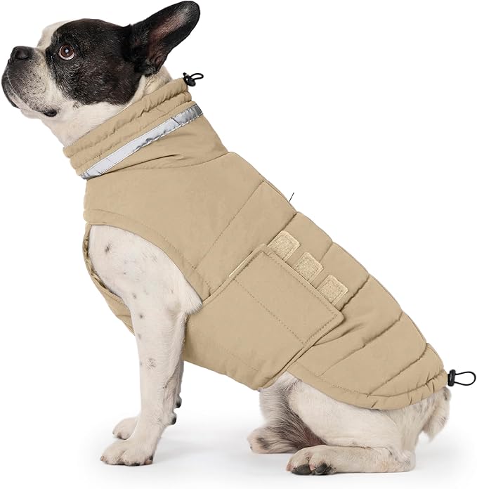 Dog Coat, Waterproof Winter Jacket, Warm Windproof Jacket, Reflective Adjustable Turtleneck Coats for Medium Dogs with Hook & Loop - Khaki - M
