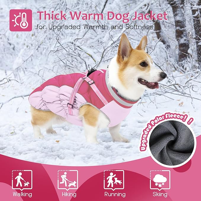 Dog Winter Coat with Harness, Dog Jacket, Pet Clothes with Zipper on Back, Waterproof Windproof Warm Vest, Reflective Cold Weather Coats, for Small Medium Large Dogs, Thick, Pink, M