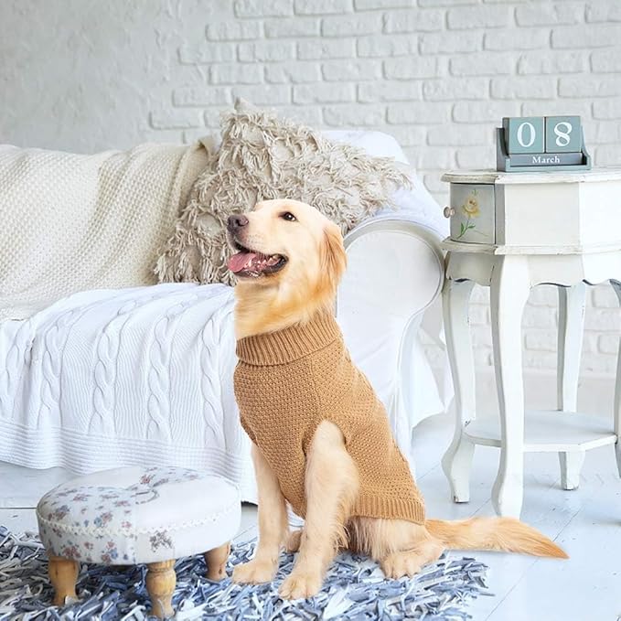 Mihachi Turtleneck Dog Sweater - Winter Coat Apparel Classic Cable Knit Clothes with Leash Hole for Cold Weather, Ideal Gift for Pet in New Year Beige 3XL