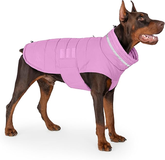 Dog Coat, Waterproof Winter Jacket, Warm Windproof Vest, Reflective Adjustable Turtleneck Coats for Medium and Large Dogs with Hook & Loop - Lilac - L
