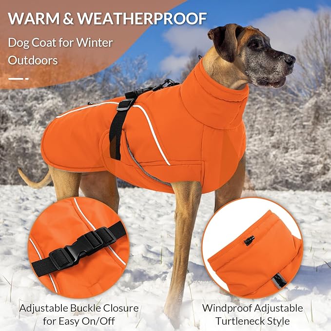 Queenmore Winter Dog Coat Warm Dog Jacket Vest Waterproof Puffer Fleece Snowsuit Adjustable Buckle Leash Hole Reflective Cold Weather Parka for Small Medium Large Dogs Girl Boy Orange S