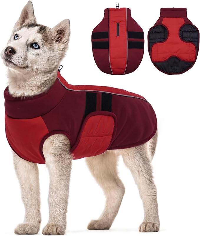 Kuoser Dog Jackets for Small Dogs, Warm Dog Coat with Harness Built in, Puppy Winter Jacket Pet Clothes for Cold Weather, Reflective Waterproof Doggie Winter Vest for Pug Dachshund, Red S