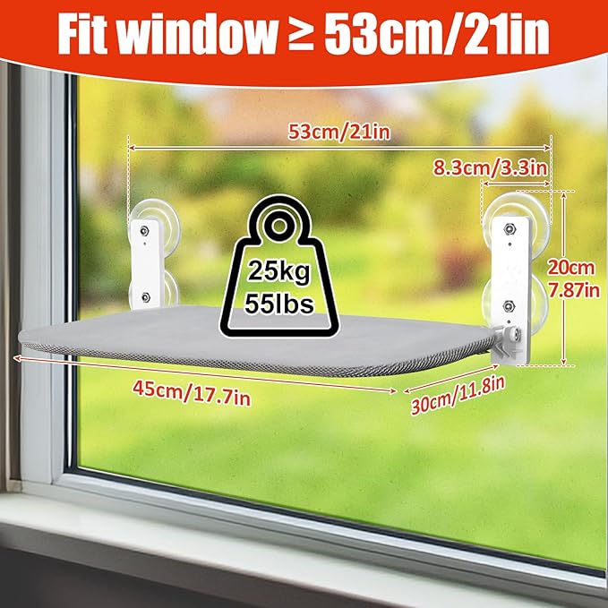 Sunhoo Cat Window Hammock Perch Cordless Perches Window Sill Seat Bed Foldable Stable Lounger Upgraded Suction Cup Easy Assembly Indoor Cats Kitty Shelf Hold Up to 55lbs（Grey,S