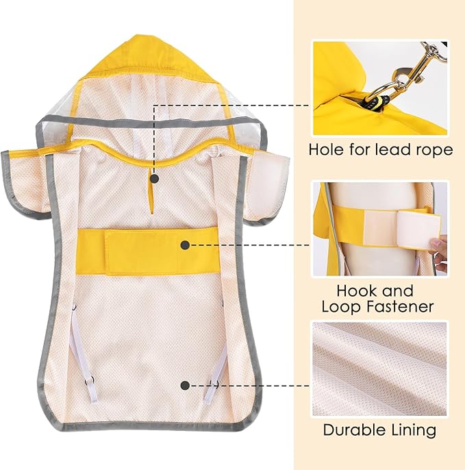SlowTon Dog Raincoat, Adjustable Dog Rain Jacket Clear Hooded Double Layer, Waterproof Poncho with Reflective Strip Straps and Storage Pocket for Small Medium Large Dog (Yellow L)