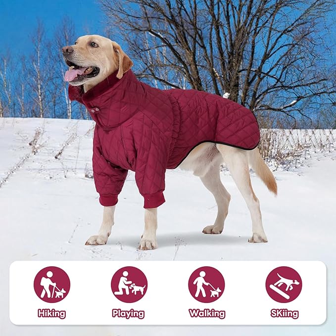 IDOMIK Dog Winter Coat for Large Dogs, Warm Dog Winter Jacket with Fleece High Collar, Zippered Cold Weather Coats for Dogs, Waterproof Doggy Snow Jacket Clothes,WineRed,3XL