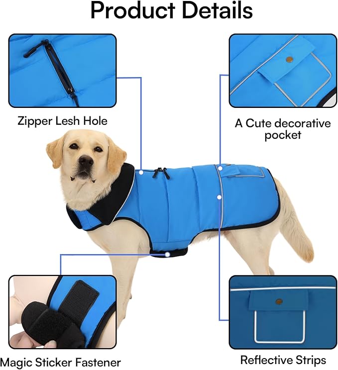 Dog Coat, Small Medium Dog Jacket, Windproof Dogs Puffer Jacket, Fleece Lined Warm Dogs Winter Coat with Harness Hole (Blue L)