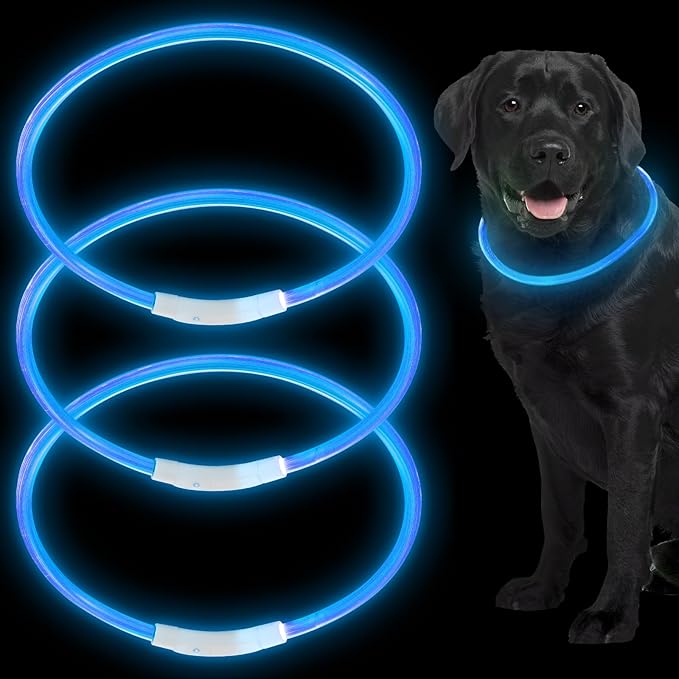 Weewooday 3 Pcs Dog Collar LED USB Rechargeable Lights Dog Necklace Collars Doggy Lights for Night Walking Adjustable Safety Lamp Pet Collars for Large Medium Small Puppy Pet(Blue,Classic Style)