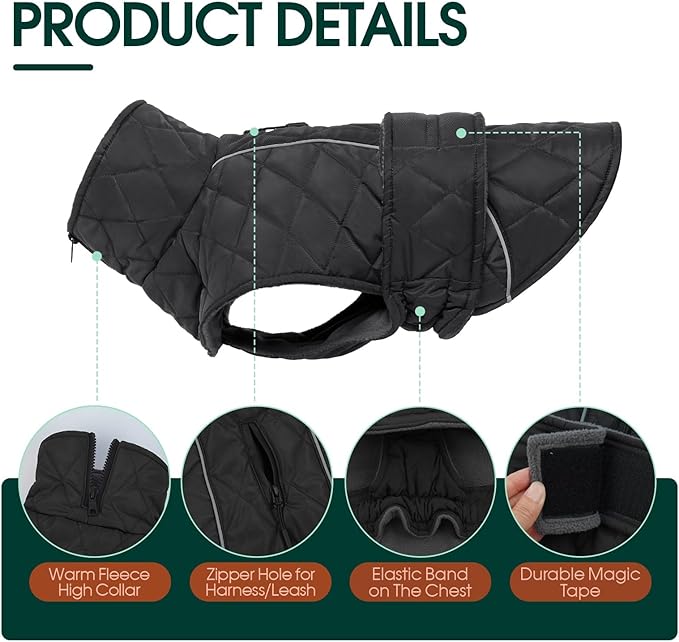 Kuoser Extra Warm Dog Jacket, Windproof & Reflective Dog Coat with Fleece Lining, Pet Christmas Coat Turtleneck Jacket for Large Dogs, Quilted Thermal Puppy Winter Clothes, Dark Grey XL
