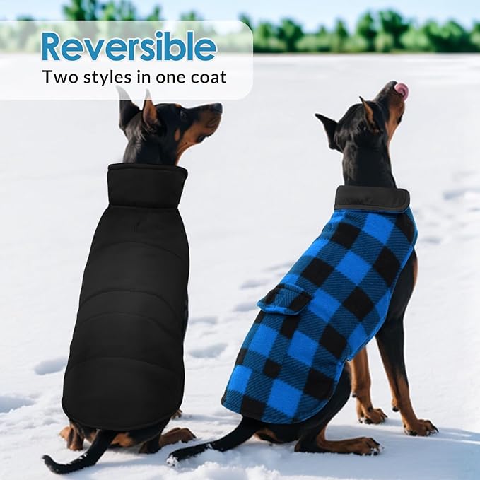 ASENKU Dog Winter Coat, Fleece Doggie Jacket Plaid Reversible Vest Waterproof Windproof Cold Weather Clothes for Small Medium Large Dogs (XXL, Blue)