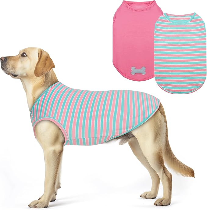 KYEESE 2Pack Dog Shirts Striped T Shirt for Medium Dogs Boy Lightweight Sleeveless Vest Cotton Tank Top Clothes, XX-Large,Pink+Striped