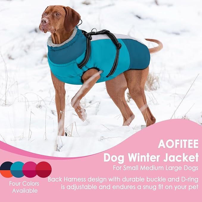 AOFITEE Dog Coat, Warm Dog Jacket with Harness Built-in, Waterproof Medium Dogs Cold Weather Coat with Zipper, Reflective Fleece Lined Pet Snow Jackets for Pug, Jack Russell, Boston Terrier, M