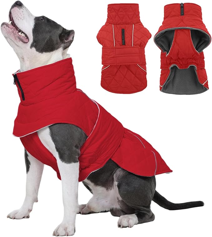Kuoser Extra Warm Windproof Dog Cold Weather Coat, Fleece Lined Turtleneck Christmas Dog Jacket, Quilted Pet Winter Snowsuit Thermal Clothes with Reflective Adjustable Straps, Red L