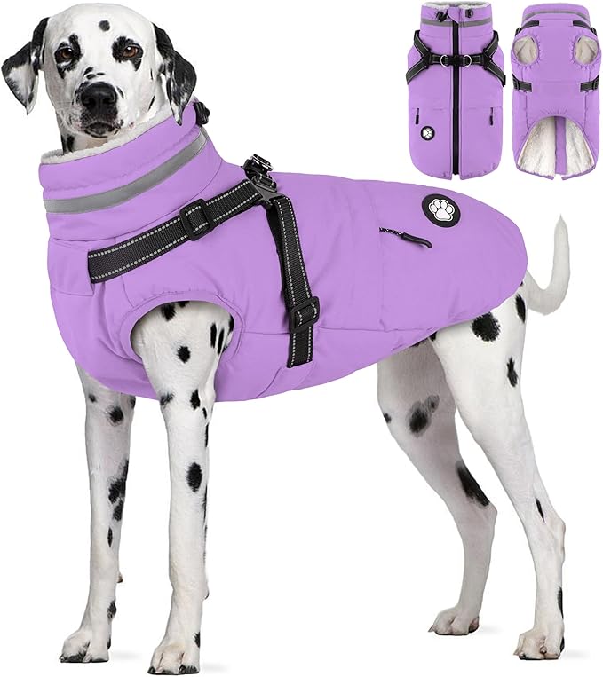 Dogcheer Dog Coat with Harness, Waterproof Dog Jacket, Reflective Puppy Winter Jacket with Pocket, Doggy Turtleneck Fleece Vest for Small Medium Large Dogs - Taro Purple, XL