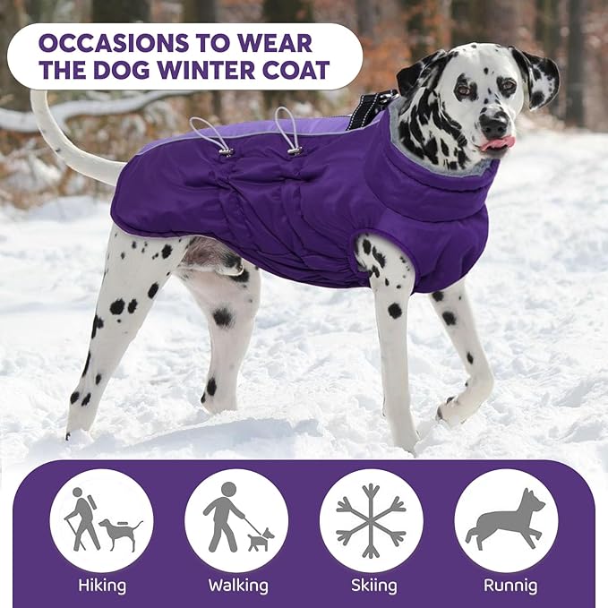 IDOMIK Warm Dog Coat with Harness, Waterproof Reflective Dog Jackets for Small Medium Large Dogs, Fleece High Collar Winter Jacket with Zipper, Pet Winter Snowsuit Clothes for Cold Weather,Purple 2XL