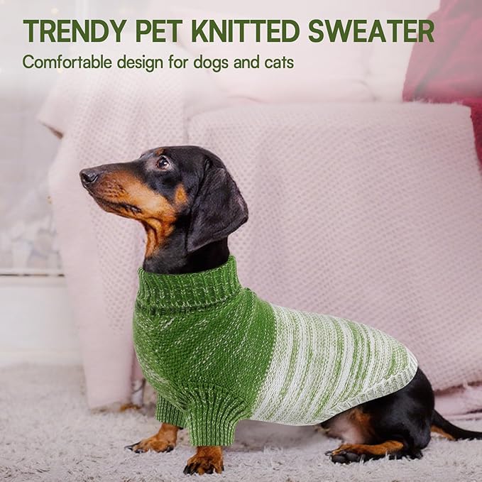 Queenmore Knitted Pullover Dog Sweater,Turtleneck Pet Cat Sweater, Cold Weather Puppy Clothes Stitching Knitwear with Leash Hole for Small Medium Dogs(Green,M)