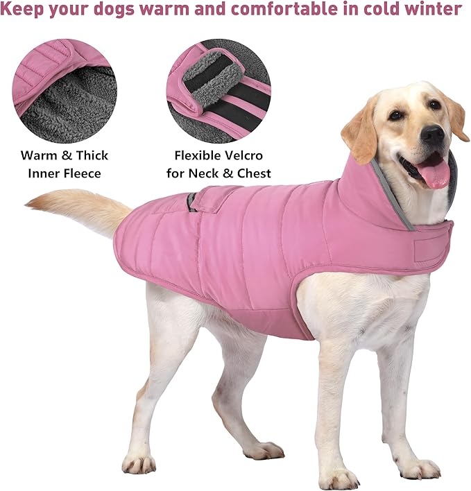 Dog Coat, Waterproof Dog Winter Jacket with Pocket, Reflective Adjustable Pet Snow Vest, Warm Cozy Fleece Sweater for Small Medium Extra Large Dogs - Light Pink, 2XL