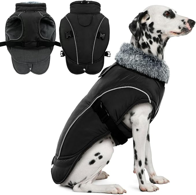 DENTRUN Extra Large Warm Dog Jacket - Windproof Water Repellent Reflective Coat, Adjustable Plush Turtleneck, Easy Wear Fleece Lined Cold Weather Vest for Great Dane, Black, XXXL