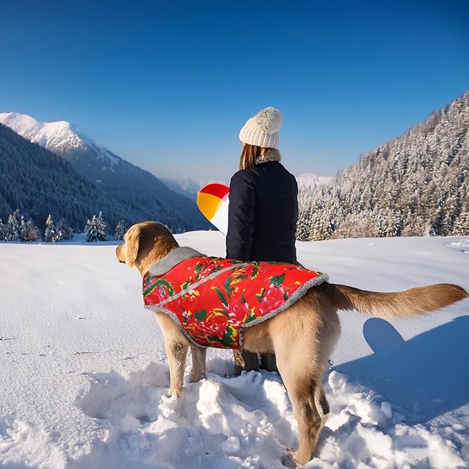 VIVAGLORY Snowrap Dog Coat, Jacket with Harness Hole & Velcro Closure, Dog Coat for Winter & Cold Weather, Fluffy Warm Fleece Lined Reflective Water Resistant for Puppy, S, Northeast Florals-Red
