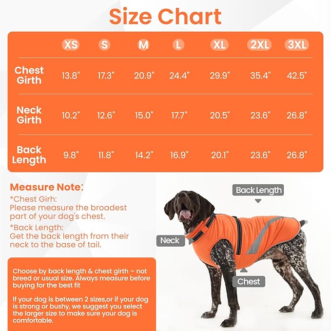 QBLEEV Large Dog Coat, Dog Winter Jacket for Large Dogs, XX-Large Waterproof Cold Weather Vest with Built-in Harness, Zipper & Reflective, Windproof Thick Warm Fleece Snowsuit Clothes, Orange, XXL