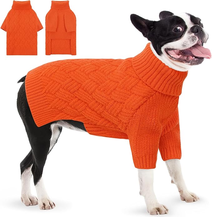 AOFITEE Dog Sweater, Warm Dog Sweaters for Large Dogs, Halloween Dogs Sweater, Turtleneck Girl Pet Sweaters, French Bulldog Sweatshirt, Knit Female Male Pet Knitwear for Winter Fall (Orange Large)