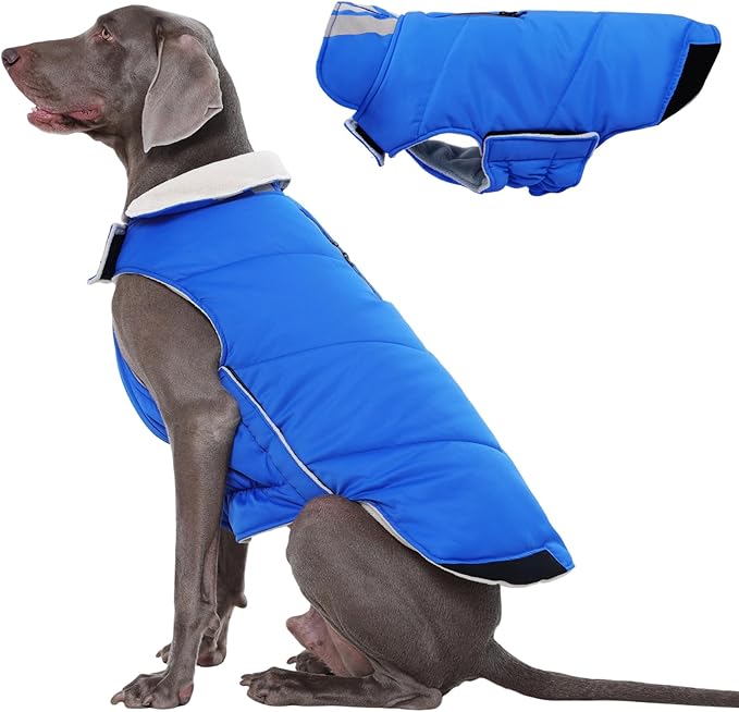 Kuoser Dog Coat Large, Cold Weather Reflective Waterproof Dogs Jacket with Warm Fleece Lining, Turtleneck Dog Winter Coat with Zipper, Doggy Snow Jacket Pet Coats for Small Medium Large Dogs, Blue 2XL