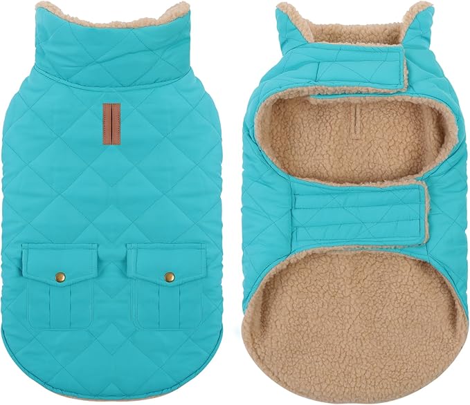 Winter Coat for Medium Dogs, Dog Plaid Jacket, Pets Coat for Cold Weather, Windproof Warm Garments, Pet Thickened Outfits Indoor Outdoor, Blue M