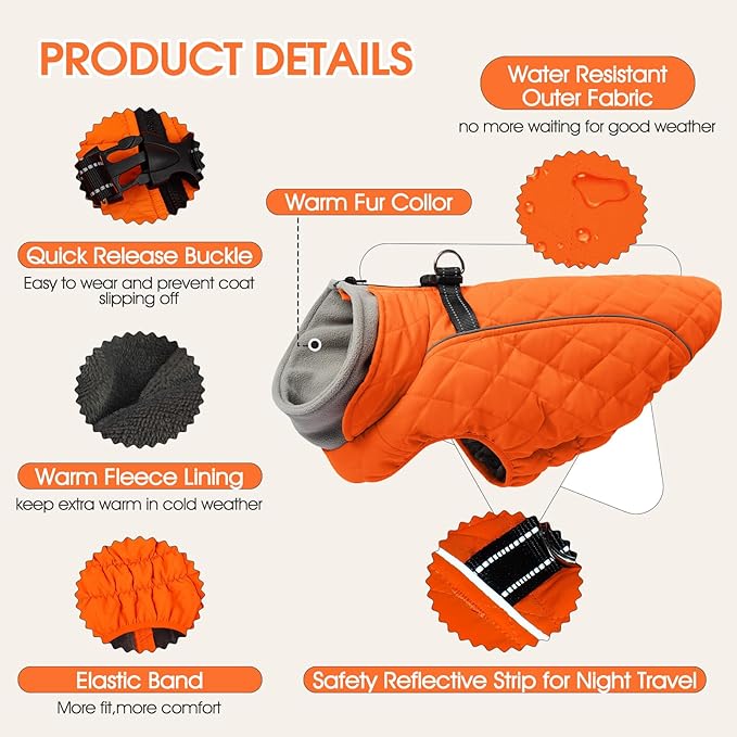 Dog Coat with Harness Built in -Orange,XL- Fleece Lined Dog Snow Jacket Snowsuit，Adjustable Reflective Winter Warm Cold Weather Coat