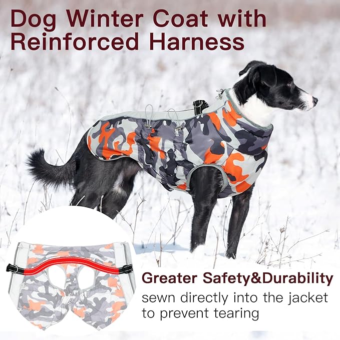 Medium Dog Coat Dog Winter Jacket Warm Dog Coat with Harness Reflective Dog Snow Jacket Water-Resistant Dog Vest Zip Up Snowsuitfor Medium Dogs Jack Russell, Mini Schnauzer Orange-Camouflage
