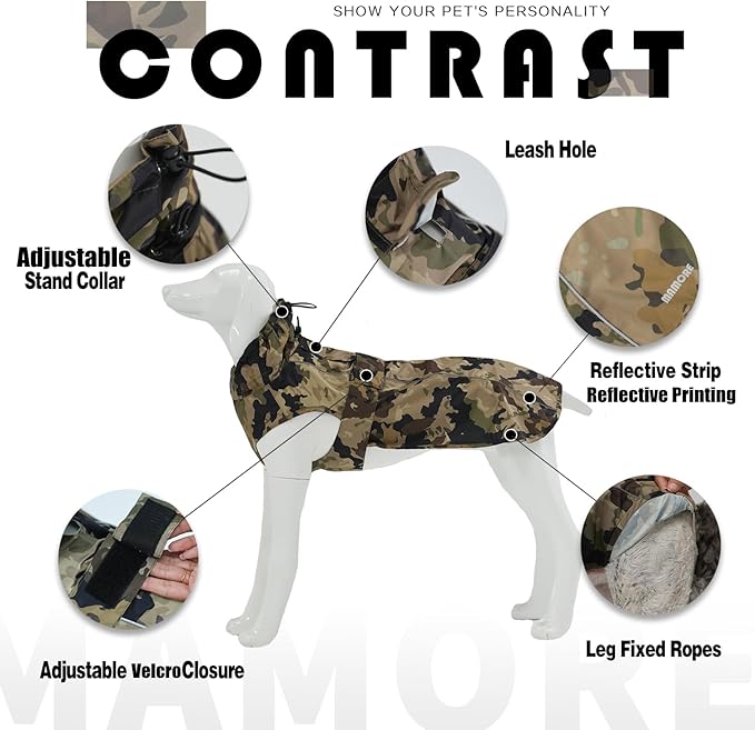 Waterproof Dog Raincoat with Reflective Strip, Adjustable Breathable Rain Coat Jacket with Leash Hole for Dogs (Camo, Small)