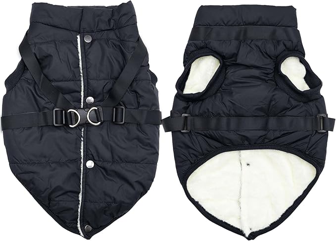 Dog Jacket with Harness,Fleece Lined Warm Puppy Coat for Winter,Soft Windproof Medium Dog Vest,Black L