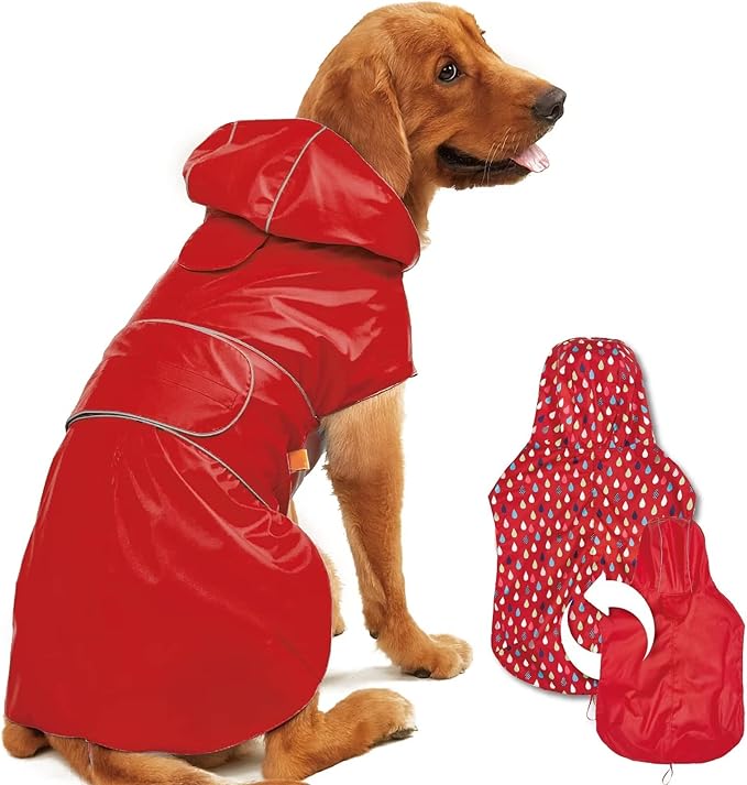Dog Raincoat Reversible, Single Side Slicker Poncho Adjustable Waterproof Dog Rain Jacket with Leash Hole/Reflective Stripe Hooded Snowproof Windproof Clothes for Small to 3X-Large Dogs, M