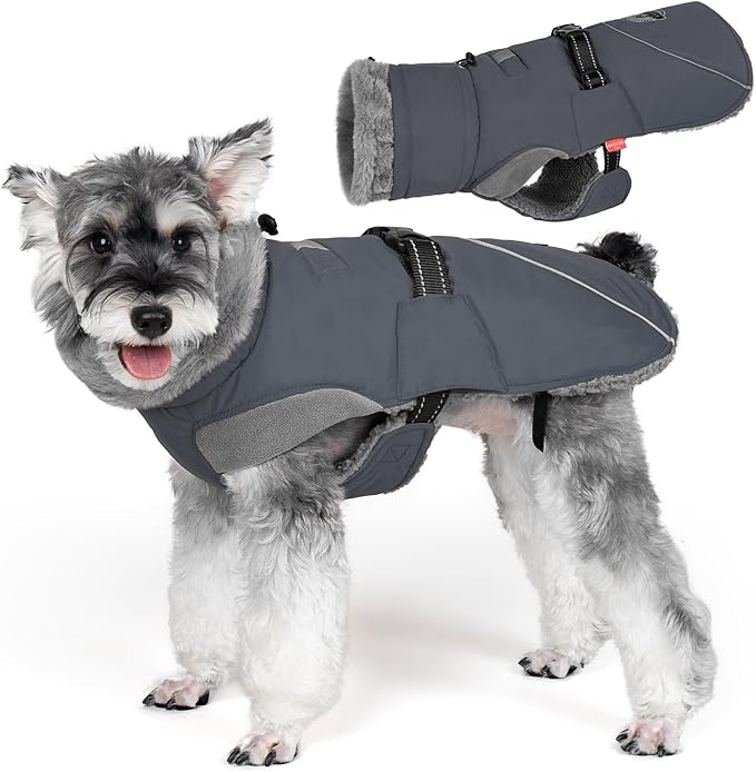 KYEESE Waterproof Dog Coat, Warm Windproof Jacket, Turtleneck Winter Dog Coats for Small Dogs with Leash Hole, Reflective Pet Clothes & Outdoor Apparel, Thick Fleece-Lined Winter Jacket, Gray, Large
