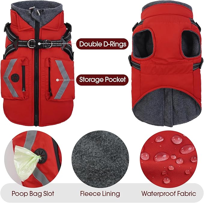 FUAMEY Dog Winter Coat with Harness, Insulated Jacket for Dogs Cold Weather Clothes, Back Zipper Doggie Cover for Snow Day, Pet Outfits with Pop Bag Pockets for Large Dogs, Boston Terrier (Red, L)