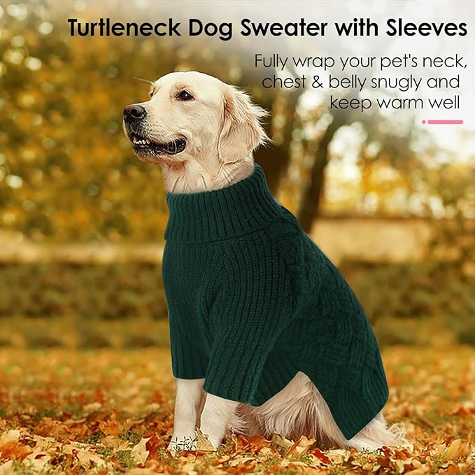 AOFITEE XXL Dog Sweater, Christmas Sweaters for Large Dogs, Warm Turtleneck Dog Sweater for Fall Winter Cold Weather, Solid Dogs Knit Sweatshirt for Golden Retriever, Labrador, Doberman (Green, 2XL)